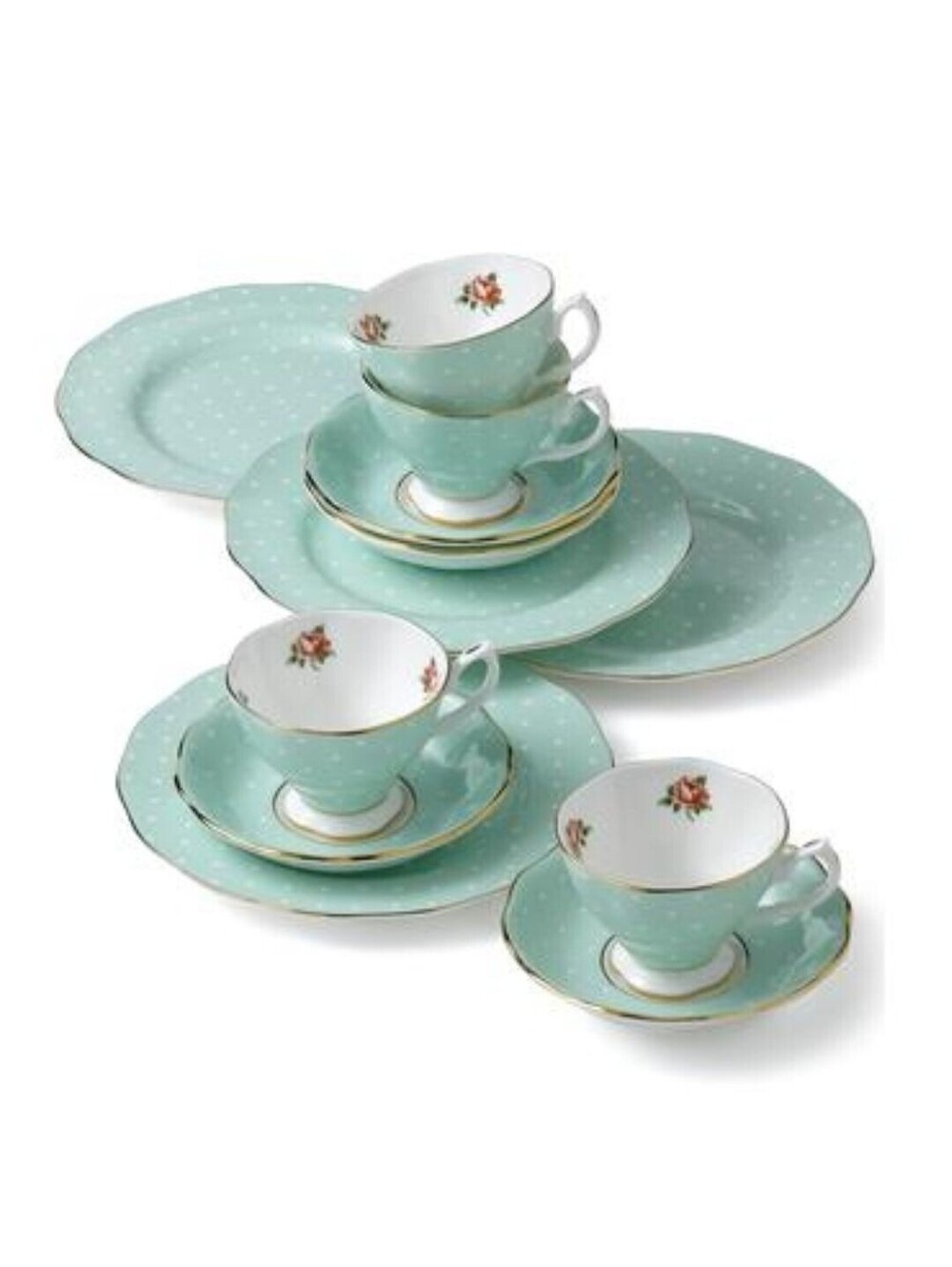 450$ Royal Albert Polka Rose Entertaining 12 Piece Set Aqua Green White